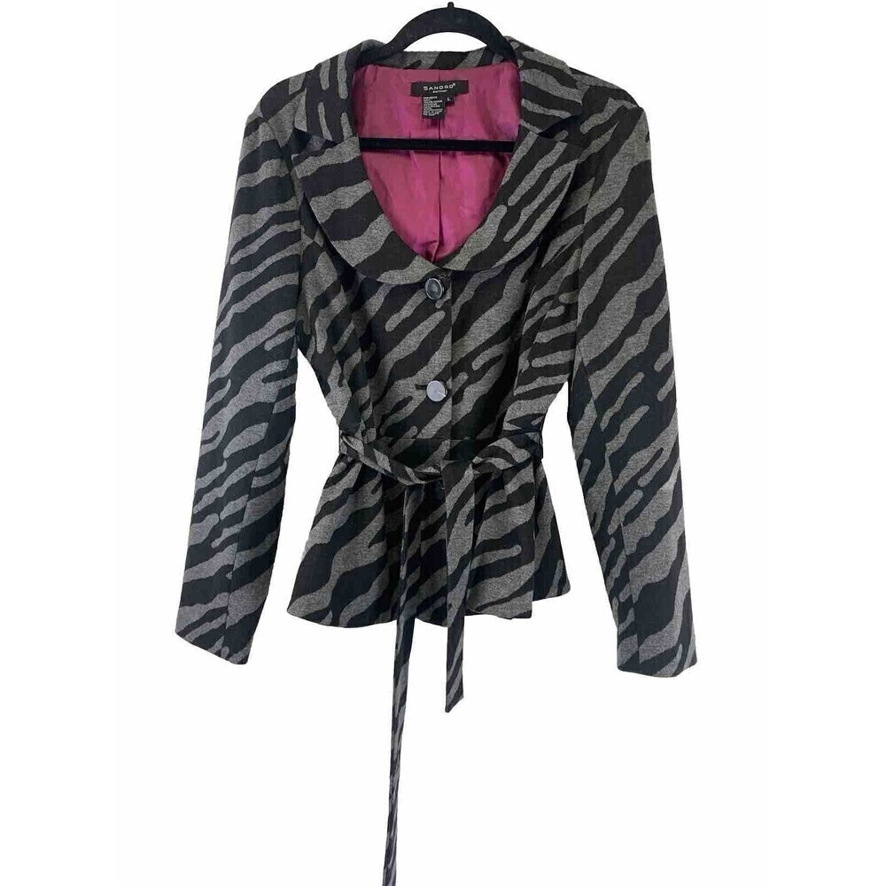 Sandro Jacket Black Gray Zebra Striped Button Collared Belted Scoop Womens Large